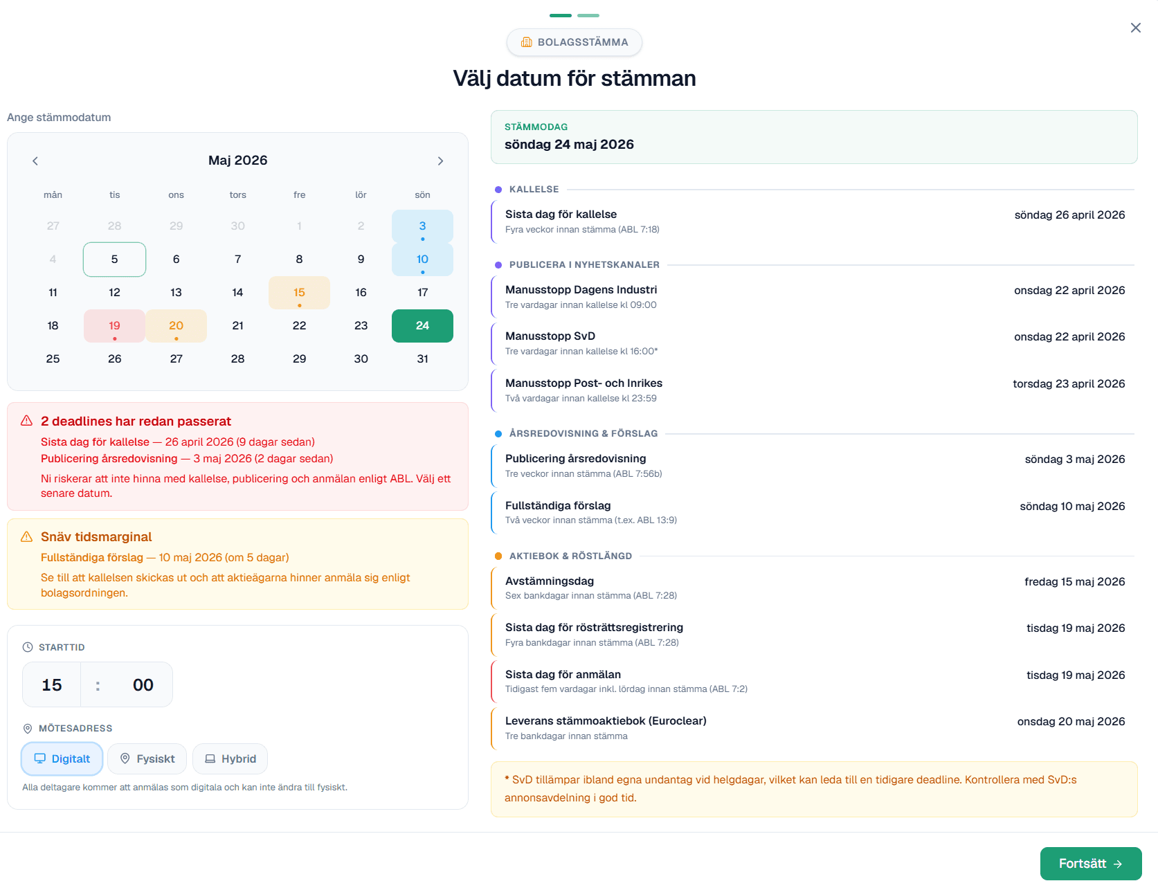 Strictboard's general-meeting calendar calculating the full timeline per the Swedish Companies Act