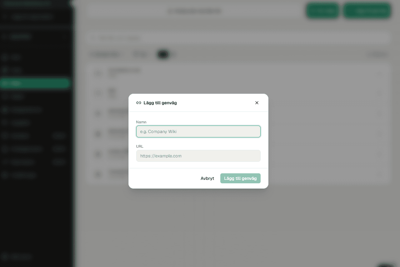 'Add shortcut' dialog open in the workspace with fields for name and URL