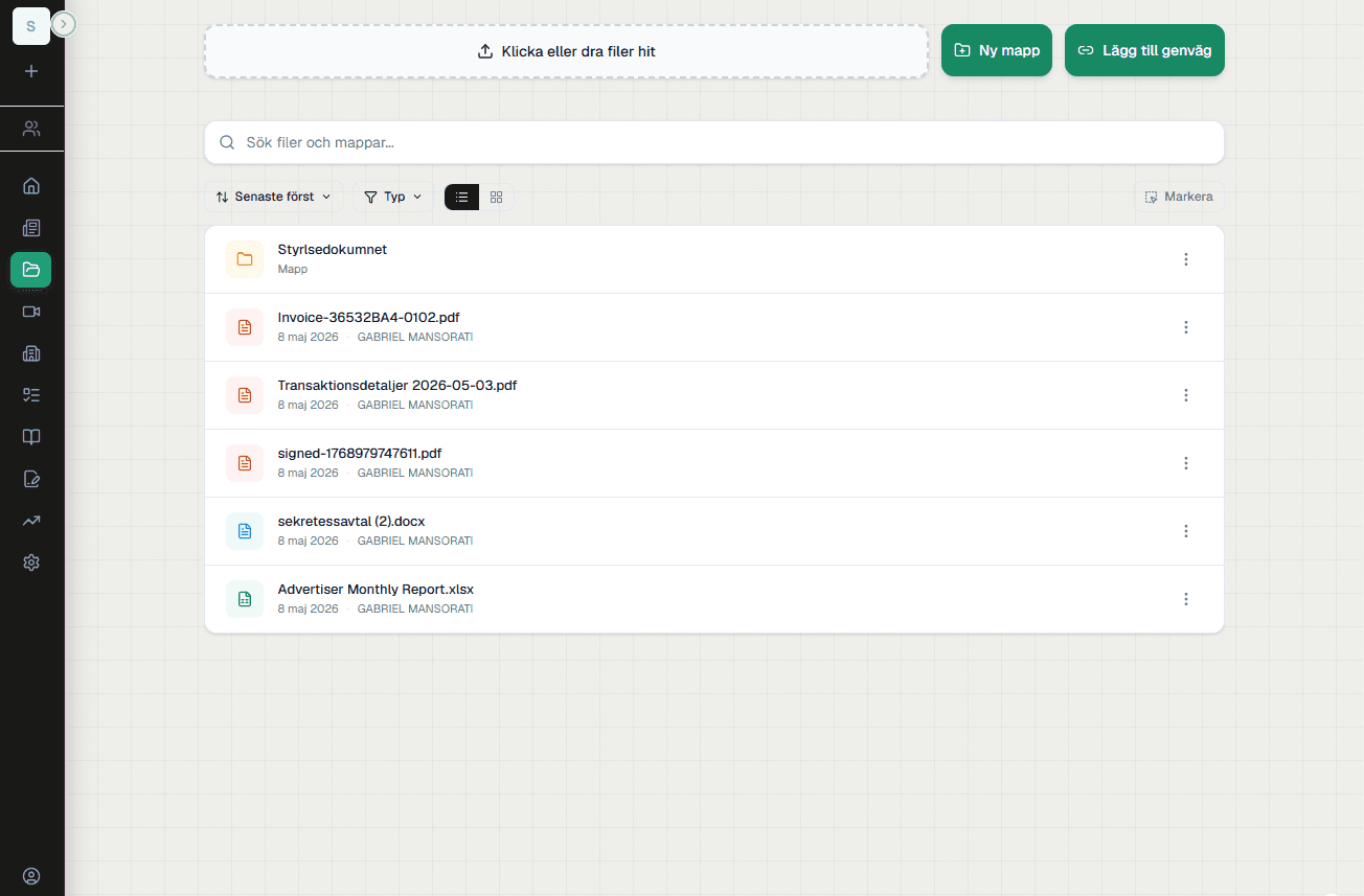 Files view with upload zone, search and a structured archive