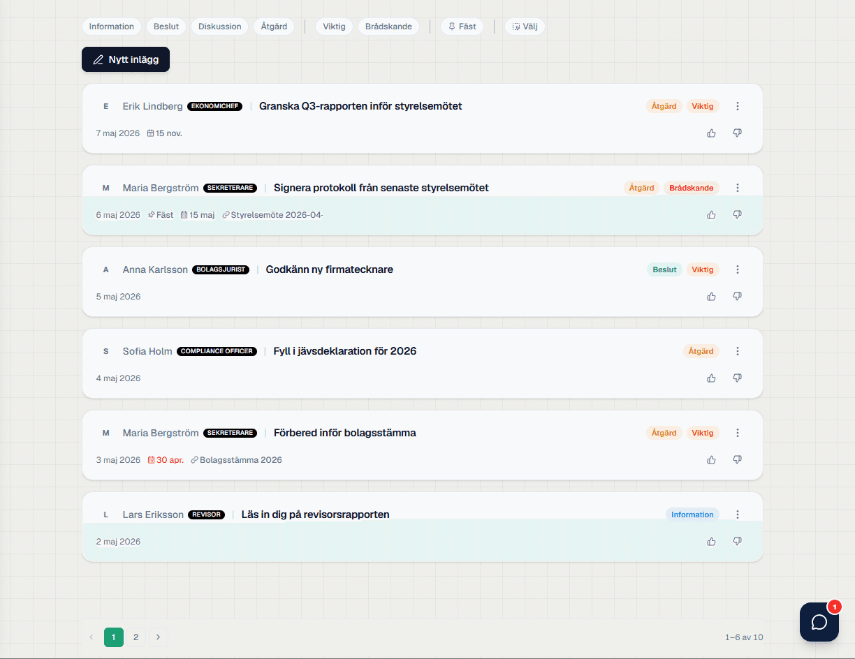 The forum feed with posts, categories, priority flags and pinned items